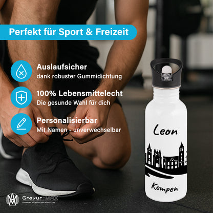 Trinkflasche in Weiß 600ml aus Edelstahl bedruckt mit der Skyline von Kempen personalisierbar mit Wunschname