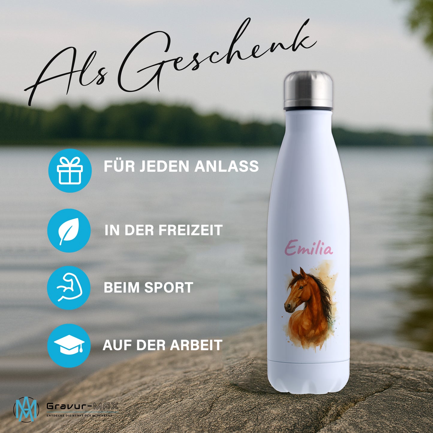 Thermoflasche 500ml in Weiß bedruckt mit tollen Motiven für Kinder "Pferd" personalisierbar mit Wunschname