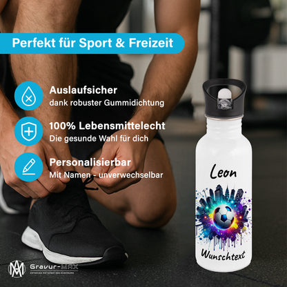 Trinkflasche mit Strohhalm in Weiß 600ml bedruckt mit Fußball Motiven"Motiv7" personalisierbar für Kinder mit Wunschname aus Edelstahl
