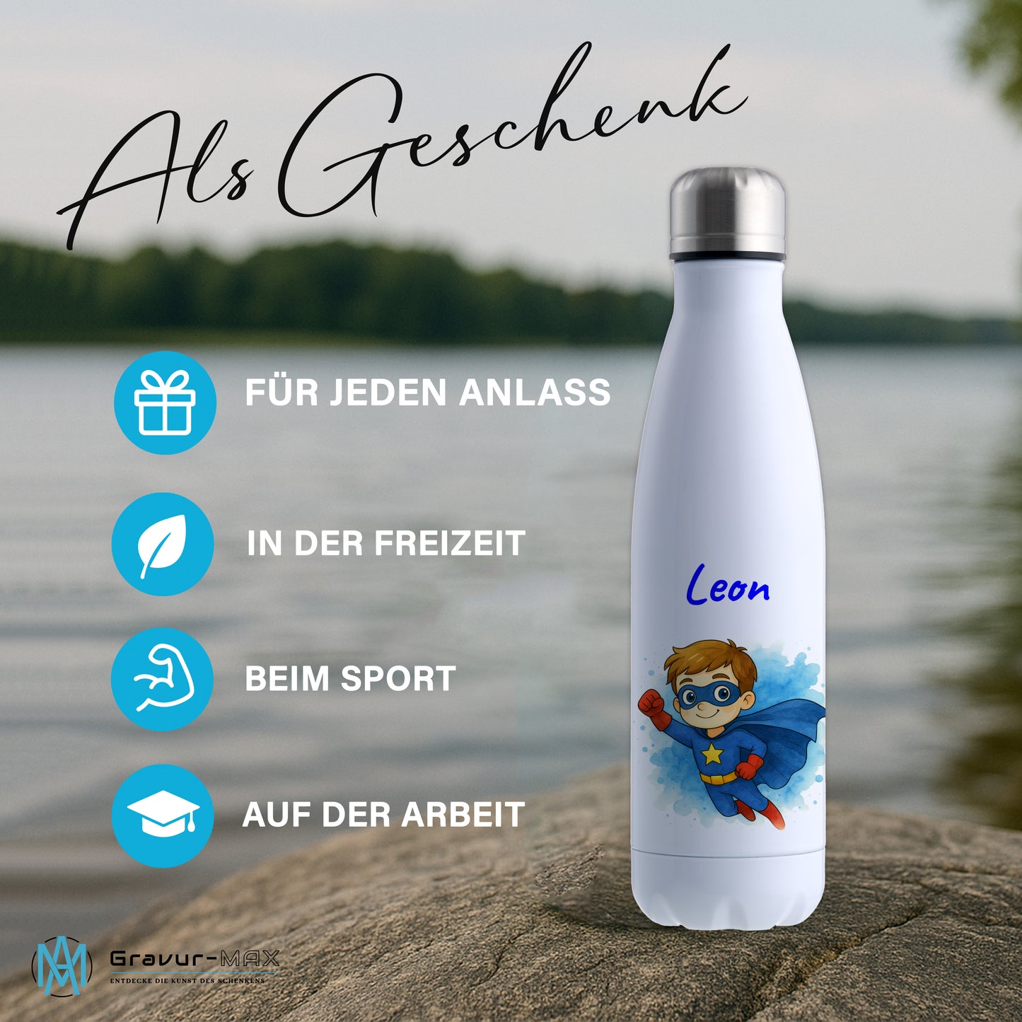 Thermoflasche 500ml in Weiß bedruckt mit tollen Motiven für Kinder "Superheld" personalisierbar mit Wunschname