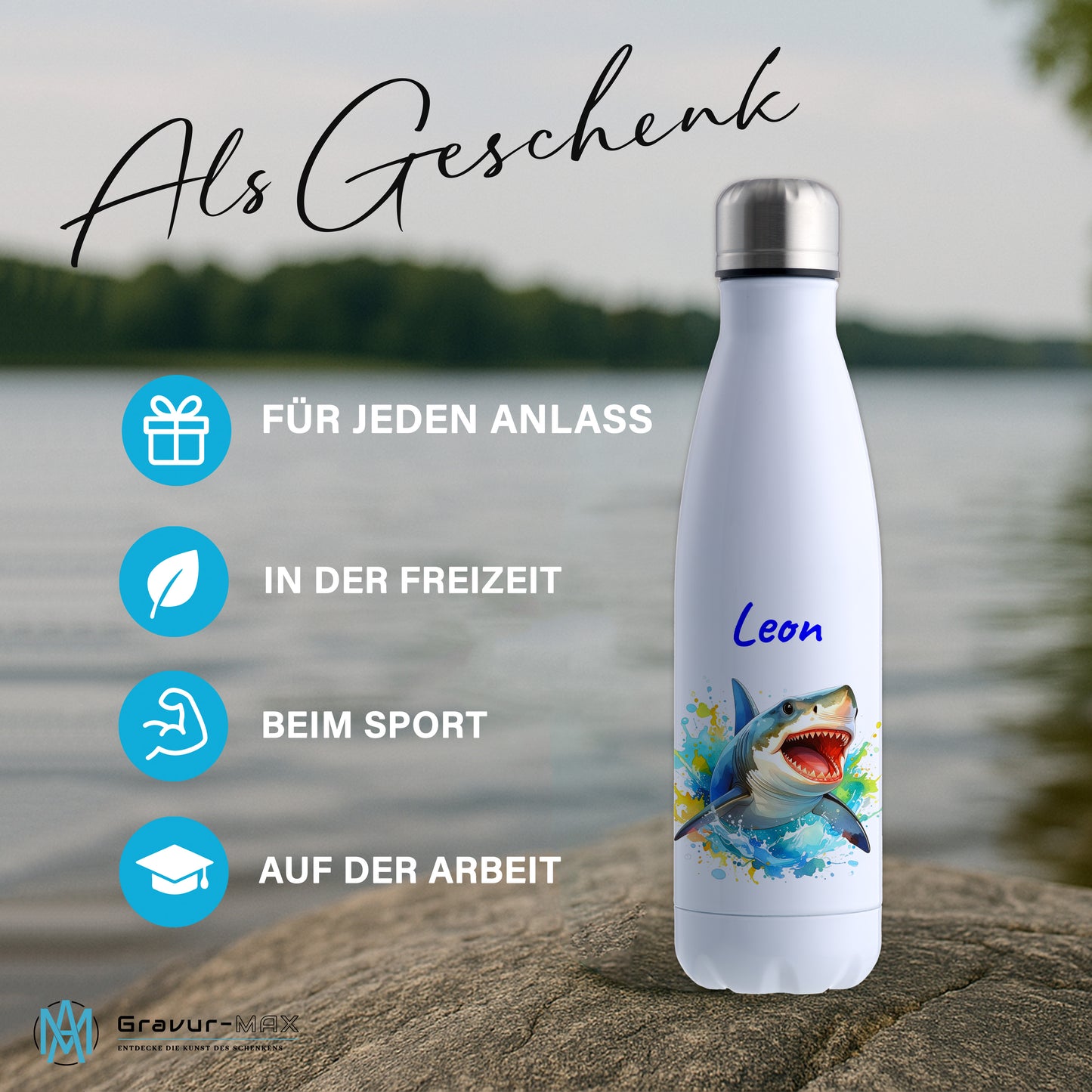 Thermoflasche 500ml in Weiß bedruckt mit tollen Motiven für Kinder "Hai" personalisierbar mit Wunschname