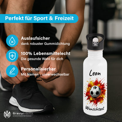 Trinkflasche mit Strohhalm in Weiß 600ml bedruckt mit Fußball Motiven"Motiv9" personalisierbar für Kinder mit Wunschname aus Edelstahl