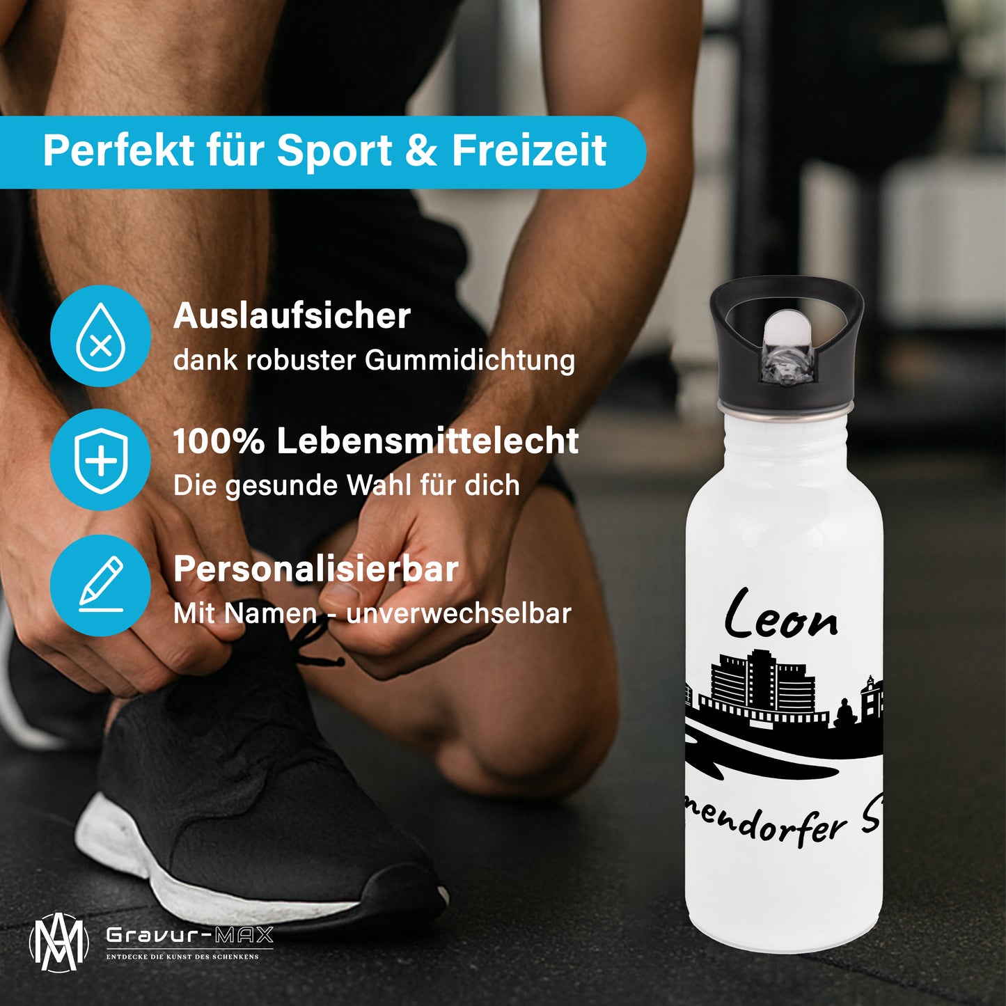 Trinkflasche in Weiß 600ml aus Edelstahl bedruckt mit der Skyline von Timmendorfer Strand personalisierbar mit Wunschname