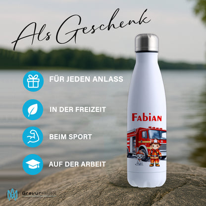 Thermoflasche 500ml in Weiß bedruckt mit tollen Motiven für Kinder "Feuerwehr" personalisierbar mit Wunschname