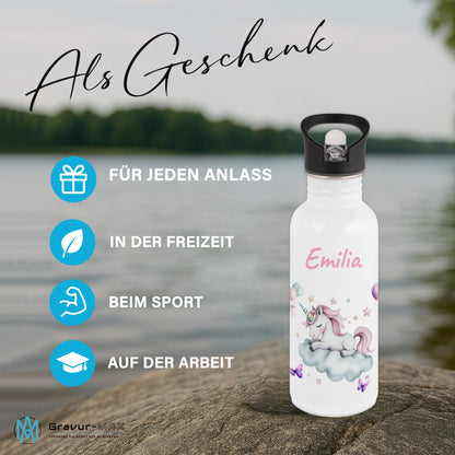 Trinkflasche mit Strohhalm in Weiß 600ml bedruckt mit tollen Motiven für Kinder "Einhorn Wolke" personalisierbar für Kinder mit Wunschname aus Edelstahl
