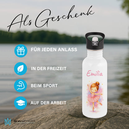 Trinkflasche mit Strohhalm in Weiß 600ml bedruckt mit tollen Motiven für Kinder "Ballerina" personalisierbar für Kinder mit Wunschname aus Edelstahl