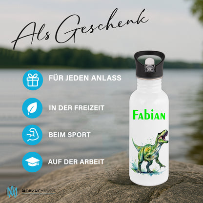 Trinkflasche mit Strohhalm in Weiß 600ml bedruckt mit tollen Motiven für Kinder "Dino T-Rex" personalisierbar für Kinder mit Wunschname aus Edelstahl