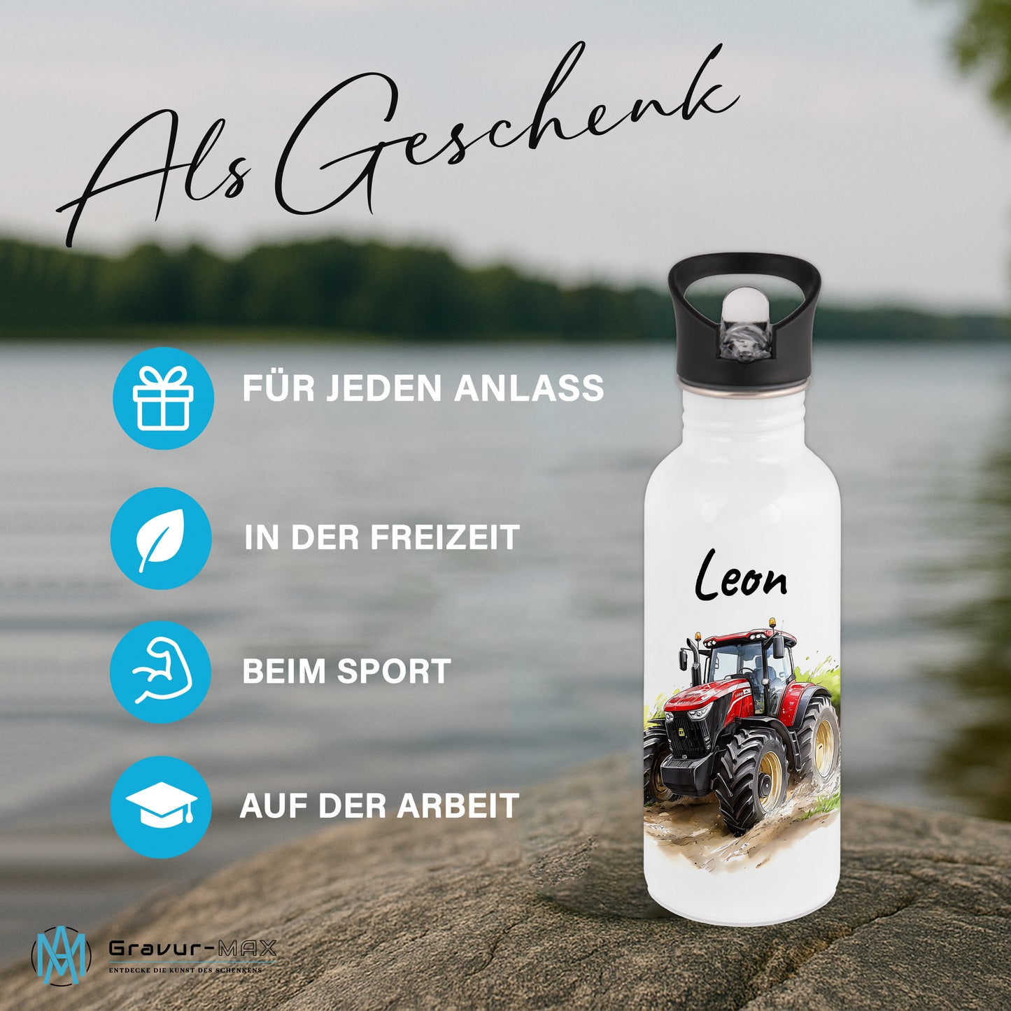 Trinkflasche mit Strohhalm in Weiß 600ml bedruckt mit tollen Motiven für Kinder "Traktor" personalisierbar für Kinder mit Wunschname aus Edelstahl