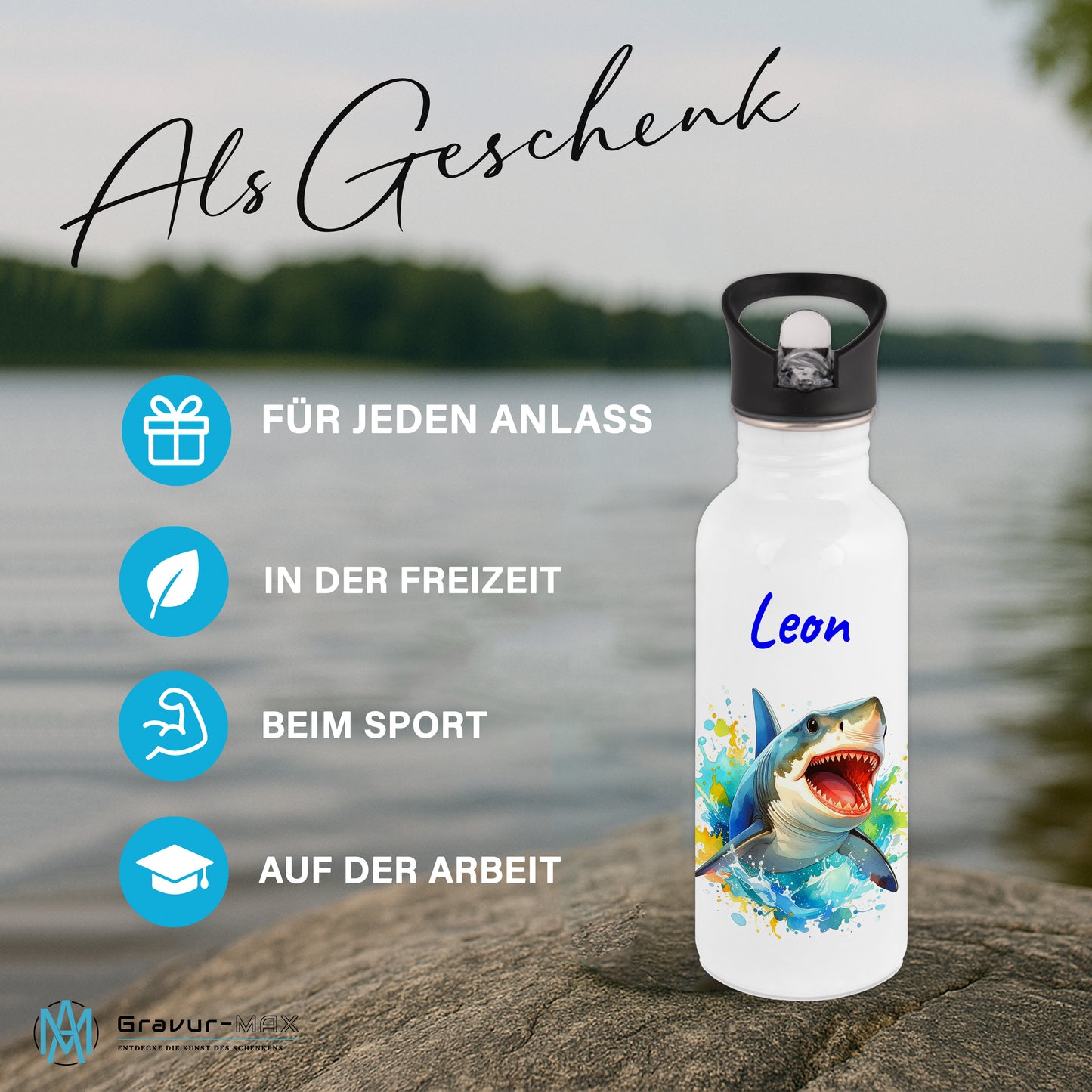 Trinkflasche mit Strohhalm in Weiß 600ml bedruckt mit tollen Motiven für Kinder "Hai" personalisierbar für Kinder mit Wunschname aus Edelstahl