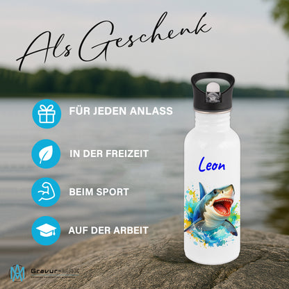 Trinkflasche mit Strohhalm in Weiß 600ml bedruckt mit tollen Motiven für Kinder "Hai" personalisierbar für Kinder mit Wunschname aus Edelstahl