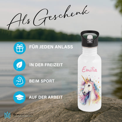 Trinkflasche mit Strohhalm in Weiß 600ml bedruckt mit tollen Motiven für Kinder "Einhorn" personalisierbar für Kinder mit Wunschname aus Edelstahl