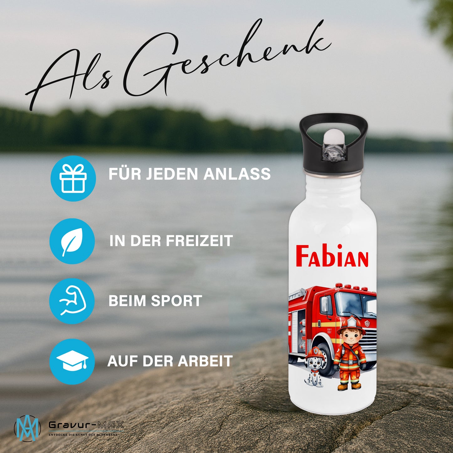 Trinkflasche mit Strohhalm in Weiß 600ml bedruckt mit tollen Motiven für Kinder "Feuerwehr" personalisierbar für Kinder mit Wunschname aus Edelstahl