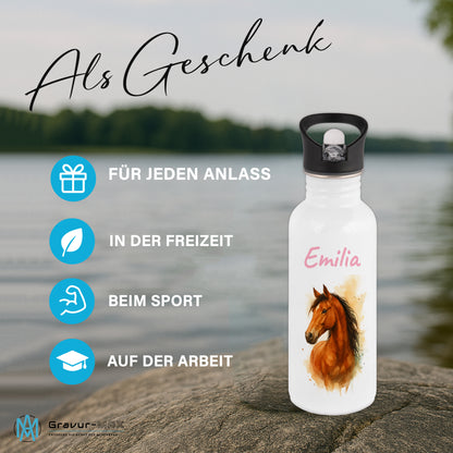 Trinkflasche mit Strohhalm in Weiß 600ml bedruckt mit tollen Motiven für Kinder "Pferd" personalisierbar für Kinder mit Wunschname aus Edelstahl
