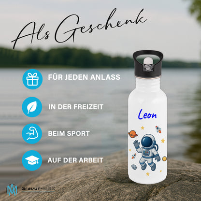 Trinkflasche mit Strohhalm in Weiß 600ml bedruckt mit tollen Motiven für Kinder "Astronaut" personalisierbar für Kinder mit Wunschname aus Edelstahl
