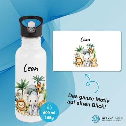 Trinkflasche mit Strohhalm in Weiß 600ml bedruckt mit Dschungel Tieren"Dschungel Tiere" personalisierbar für Kinder mit Wunschname aus Edelstahl