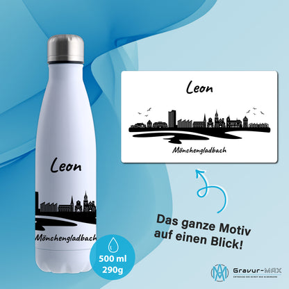 Trinkflasche in Weiß 500ml aus Edelstahl bedruckt mit der Skyline von Mönchengladbach personalisierbar mit Wunschname