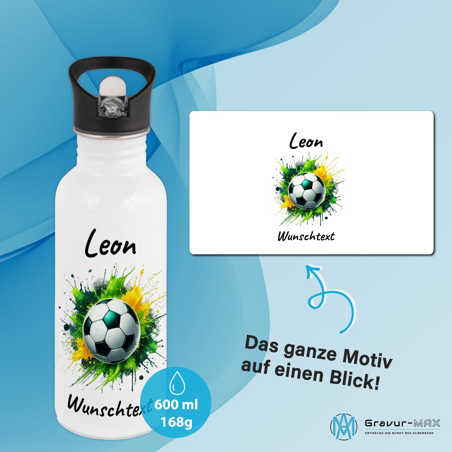 Trinkflasche mit Strohhalm in Weiß 600ml bedruckt mit Fußball Motiven"Motiv11" personalisierbar für Kinder mit Wunschname aus Edelstahl