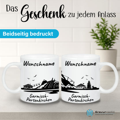 Tasse in Weiß 330ml bedruckt mit der Skyline von Garmisch-Partenkirchen personalisierbar mit Wunschname