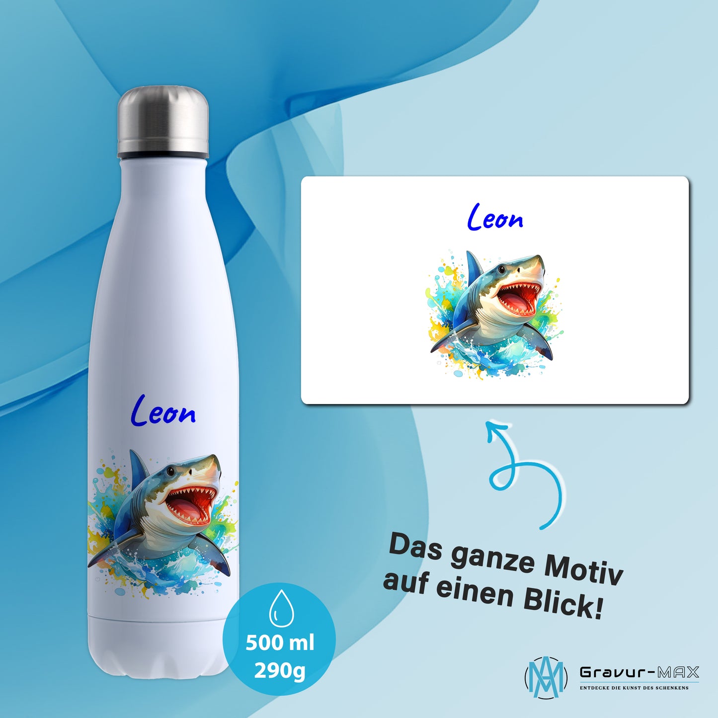 Thermoflasche 500ml in Weiß bedruckt mit tollen Motiven für Kinder "Hai" personalisierbar mit Wunschname