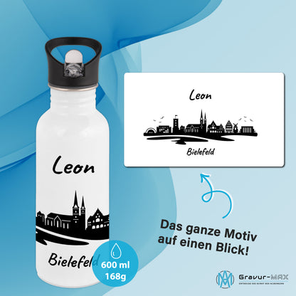 Trinkflasche in Weiß 600ml aus Edelstahl bedruckt mit der Skyline von Bielefeld personalisierbar mit Wunschname