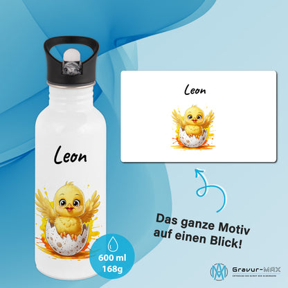 Trinkflasche mit Strohhalm in Weiß 600ml bedruckt mit niedlichen Tieren"Küken" personalisierbar für Kinder mit Wunschname aus Edelstahl