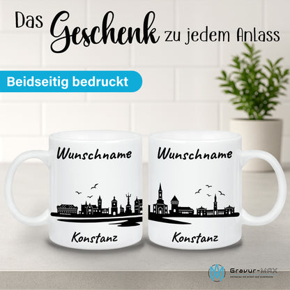 Tasse in Weiß 330ml bedruckt mit der Skyline von Konstanz personalisierbar mit Wunschname
