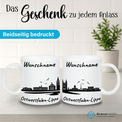 Tasse in Weiß 330ml bedruckt mit der Skyline von Ostwestfalen-Lippe personalisierbar mit Wunschname