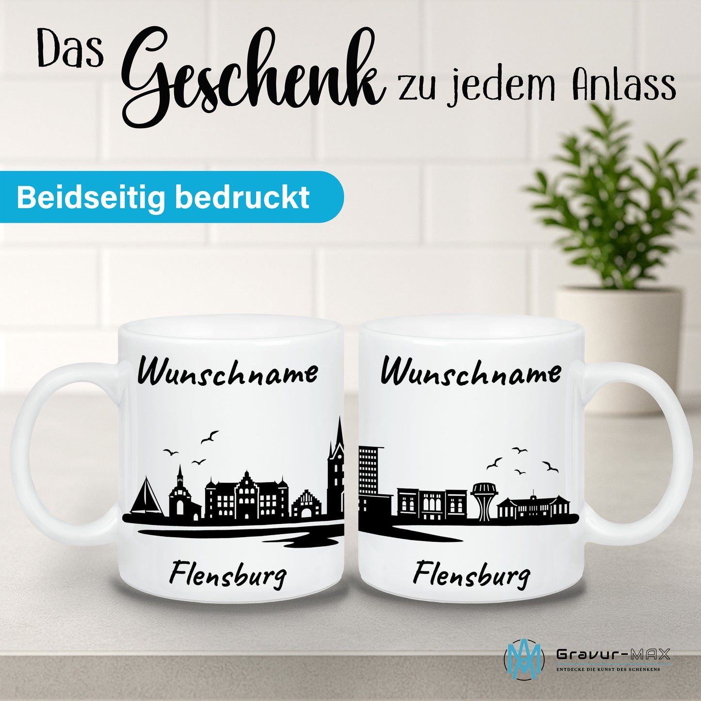 Tasse in Weiß 330ml bedruckt mit der Skyline von Flensburg personalisierbar mit Wunschname