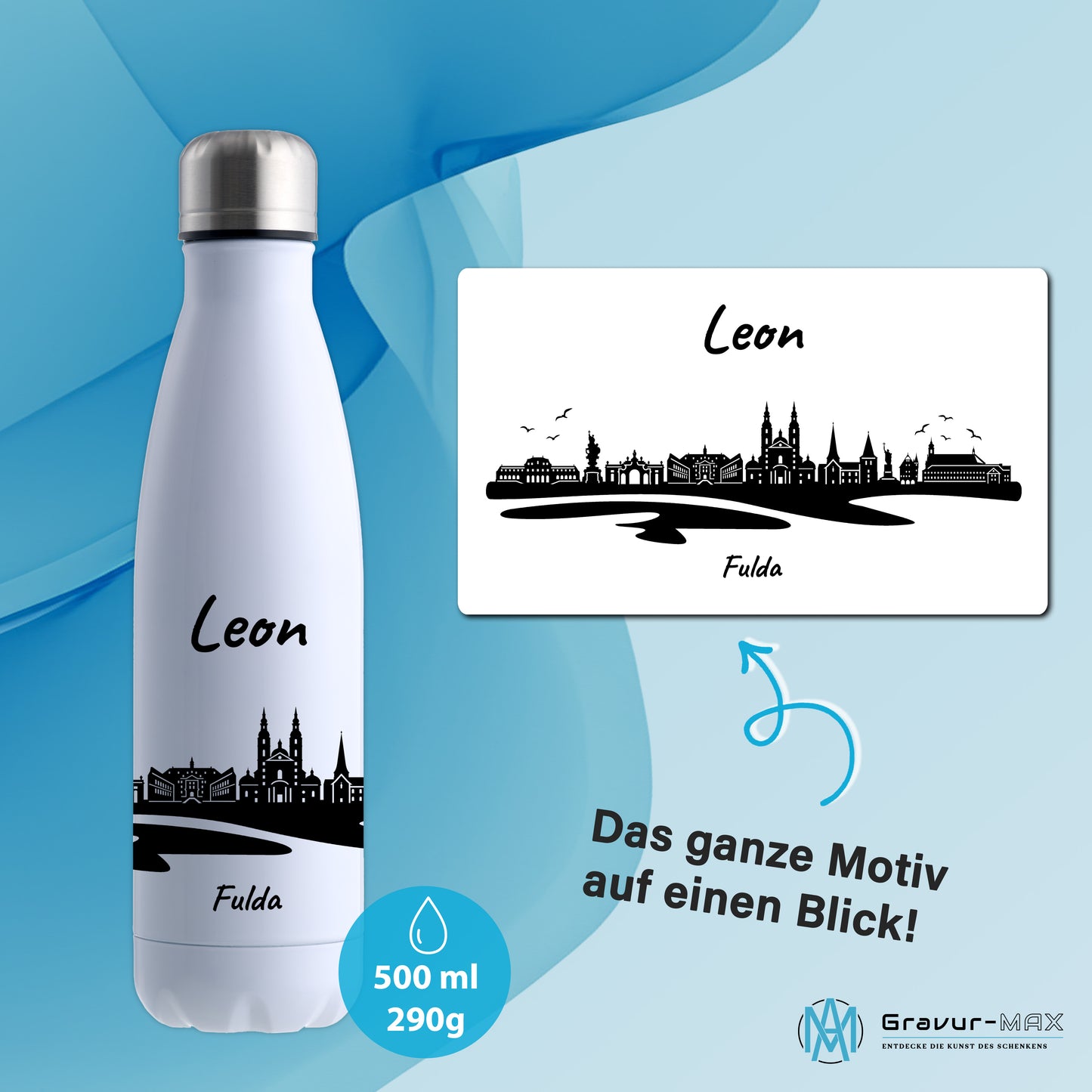 Trinkflasche in Weiß 500ml aus Edelstahl bedruckt mit der Skyline von Fulda personalisierbar mit Wunschname