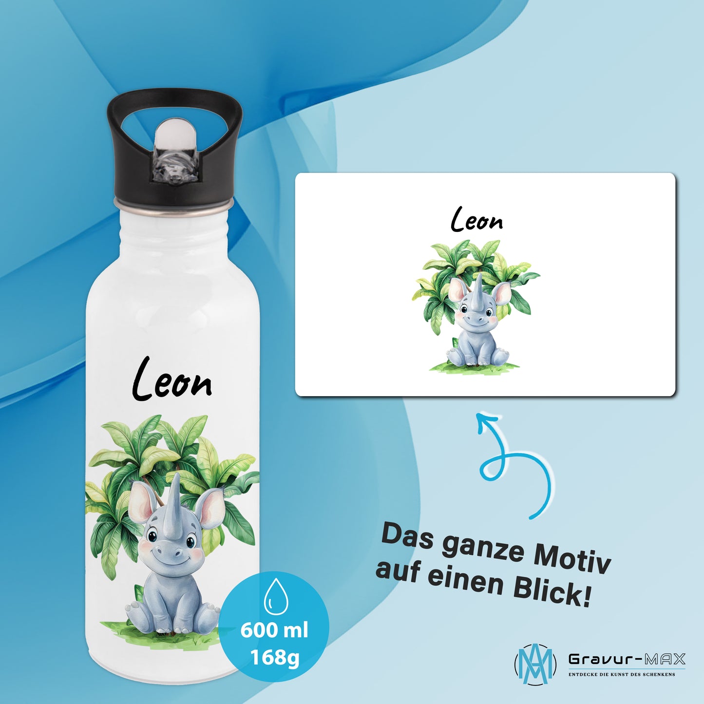 Trinkflasche mit Strohhalm in Weiß 600ml bedruckt mit Dschungel Tieren"Nashorn" personalisierbar für Kinder mit Wunschname aus Edelstahl