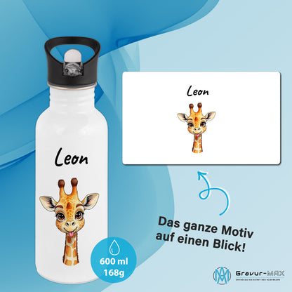 Trinkflasche mit Strohhalm in Weiß 600ml bedruckt mit niedlichen Tieren"Giraffe" personalisierbar für Kinder mit Wunschname aus Edelstahl