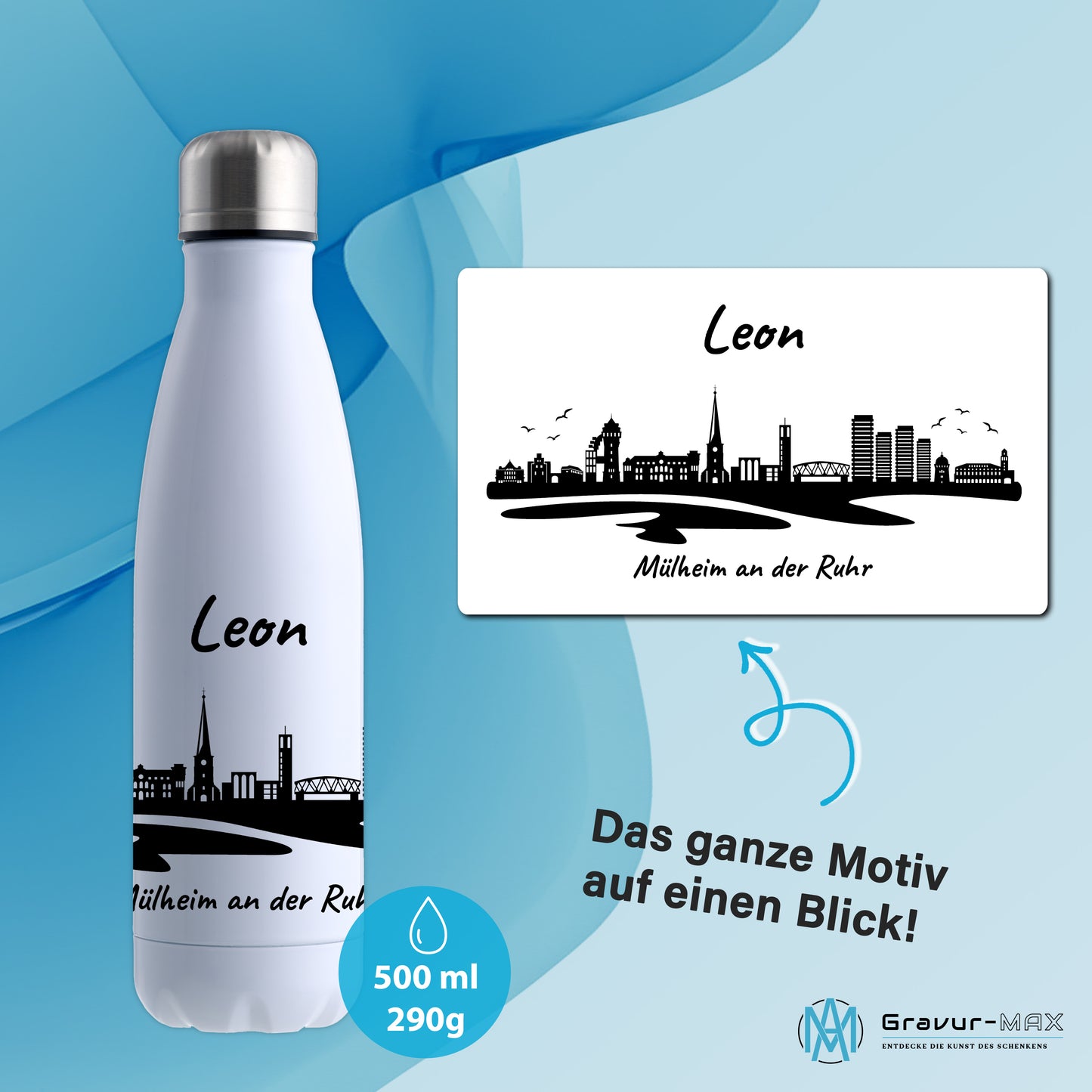 Trinkflasche in Weiß 500ml aus Edelstahl bedruckt mit der Skyline von Mülheim an der Ruhr personalisierbar mit Wunschname