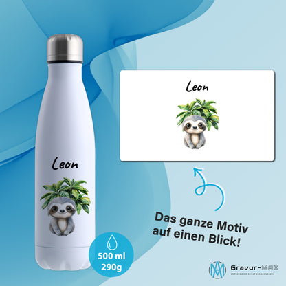 Trinkflasche in Weiß 500ml aus Edelstahl bedruckt mit Dschungel Tieren"Faultier" personalisierbar für Kinder mit Wunschname