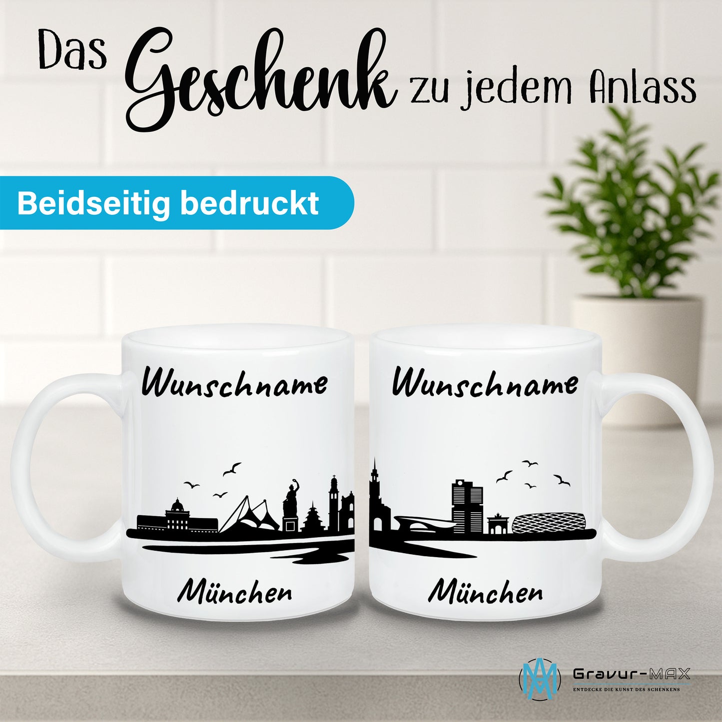 Tasse in Weiß 330ml bedruckt mit der Skyline von München personalisierbar mit Wunschname
