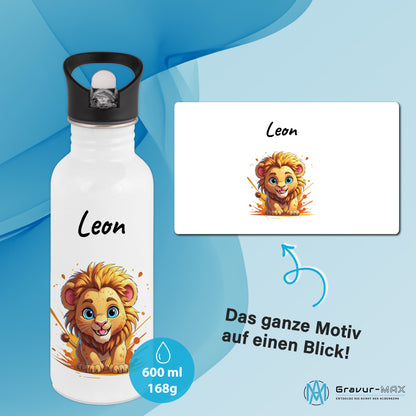 Trinkflasche mit Strohhalm in Weiß 600ml bedruckt mit niedlichen Tieren"Löwe" personalisierbar für Kinder mit Wunschname aus Edelstahl