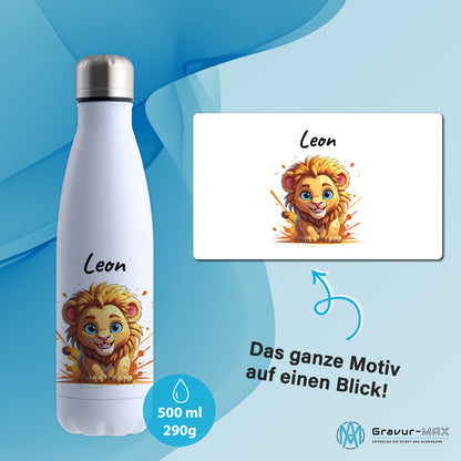 Trinkflasche in Weiß 500ml aus Edelstahl bedruckt mit niedlichen Tieren "Löwe" personalisierbar für Kinder mit Wunschname
