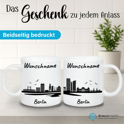 Tasse in Weiß 330ml bedruckt mit der Skyline von Berlin personalisierbar mit Wunschname