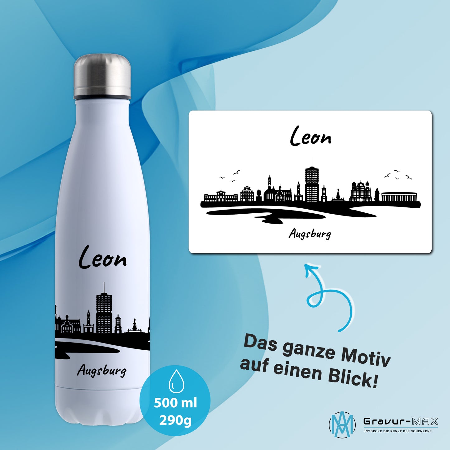 Trinkflasche in Weiß 500ml aus Edelstahl bedruckt mit der Skyline von Augsburg personalisierbar mit Wunschname