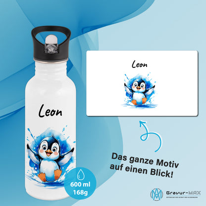 Trinkflasche mit Strohhalm in Weiß 600ml bedruckt mit niedlichen Tieren"Pinguin" personalisierbar für Kinder mit Wunschname aus Edelstahl