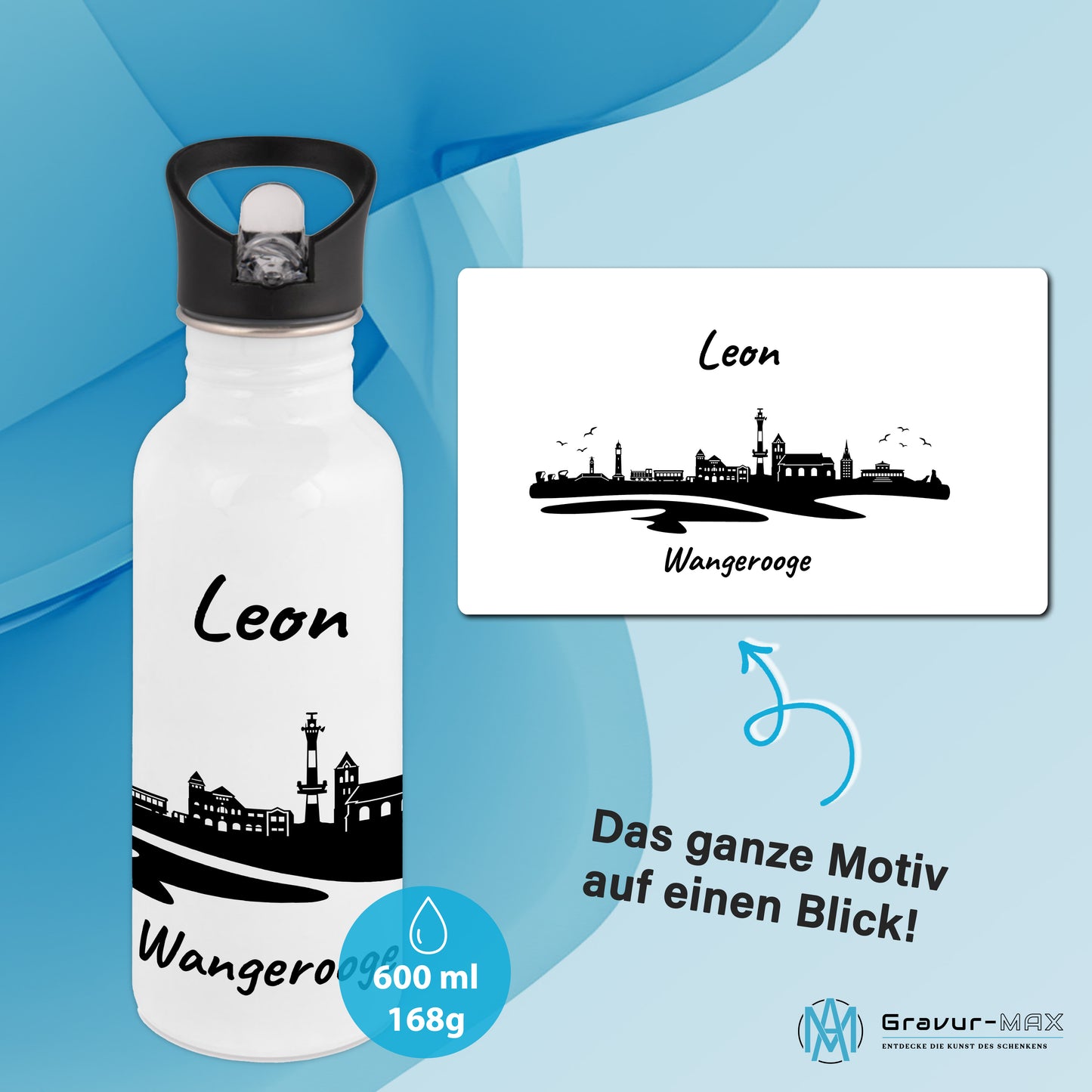 Trinkflasche in Weiß 600ml aus Edelstahl bedruckt mit der Skyline von Wangerooge personalisierbar mit Wunschname