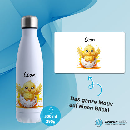 Trinkflasche in Weiß 500ml aus Edelstahl bedruckt mit niedlichen Tieren "Küken" personalisierbar für Kinder mit Wunschname