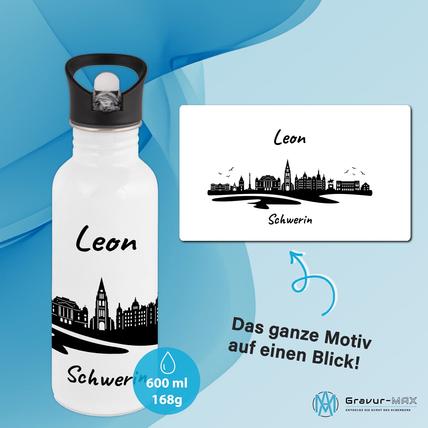 Trinkflasche in Weiß 600ml aus Edelstahl bedruckt mit der Skyline von Schwerin personalisierbar mit Wunschname