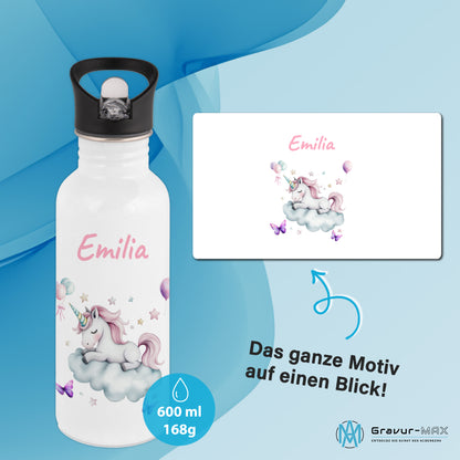 Trinkflasche mit Strohhalm in Weiß 600ml bedruckt mit tollen Motiven für Kinder "Einhorn Wolke" personalisierbar für Kinder mit Wunschname aus Edelstahl