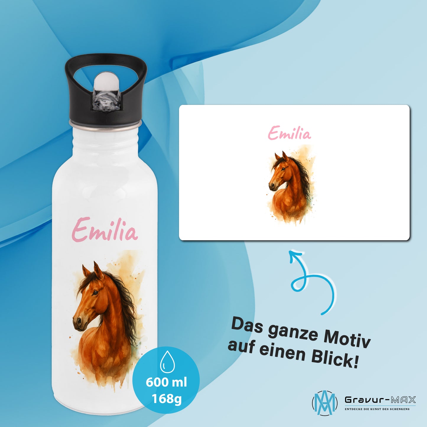 Trinkflasche mit Strohhalm in Weiß 600ml bedruckt mit tollen Motiven für Kinder "Pferd" personalisierbar für Kinder mit Wunschname aus Edelstahl