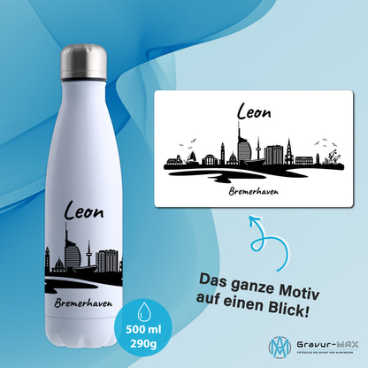 Trinkflasche in Weiß 500ml aus Edelstahl bedruckt mit der Skyline von Bremerhaven personalisierbar mit Wunschname