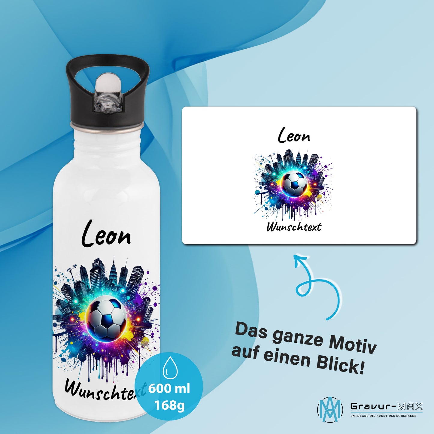 Trinkflasche mit Strohhalm in Weiß 600ml bedruckt mit Fußball Motiven"Motiv7" personalisierbar für Kinder mit Wunschname aus Edelstahl