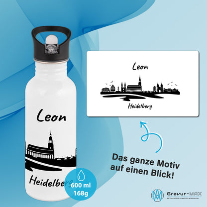 Trinkflasche in Weiß 600ml aus Edelstahl bedruckt mit der Skyline von Heidelberg personalisierbar mit Wunschname