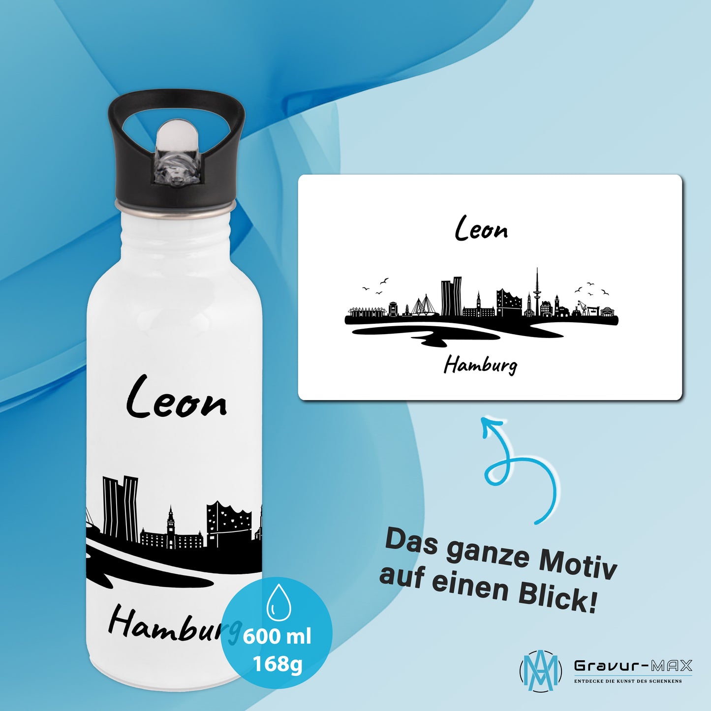 Trinkflasche in Weiß 600ml aus Edelstahl bedruckt mit der Skyline von Hamburg personalisierbar mit Wunschname