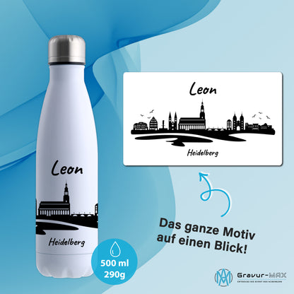 Trinkflasche in Weiß 500ml aus Edelstahl bedruckt mit der Skyline von Heidelberg personalisierbar mit Wunschname