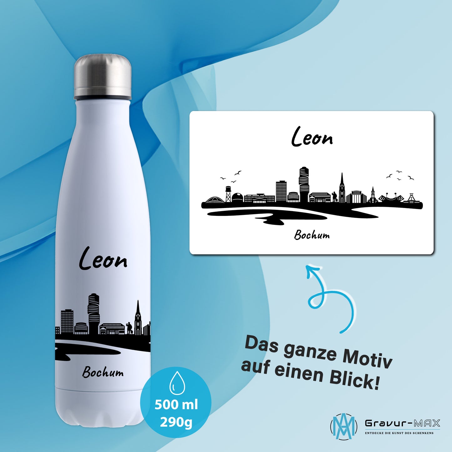 Trinkflasche in Weiß 500ml aus Edelstahl bedruckt mit der Skyline von Bochum personalisierbar mit Wunschname